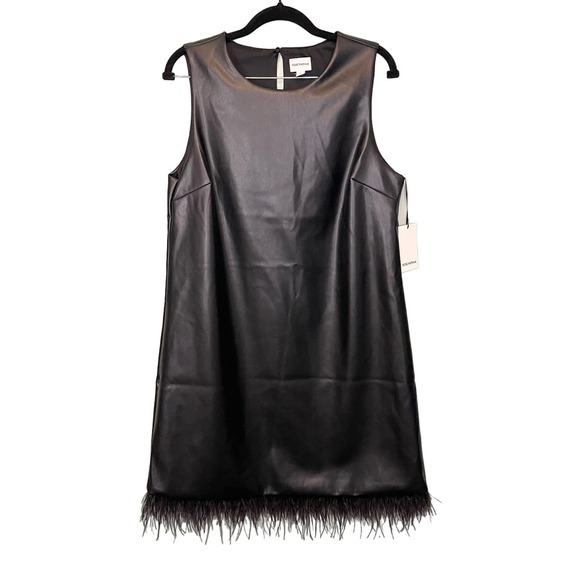 For Cynthia Dresses & Skirts - For Cynthia Black Vegan Leather Feathers Sleeveless Shift Mini Dress Large NWT